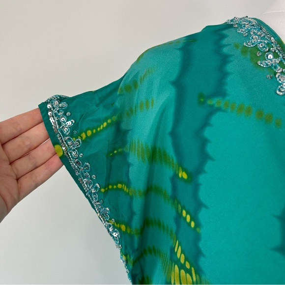 East 100% Silk Maxi Dress Size 14 Teal Green Sequin Trims Beach Boho - Picture 5 of 10